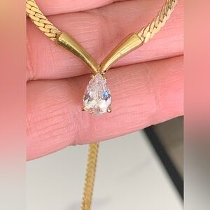 Teardrop Pendant Necklace Gold Tone Herringbone Chain Pronged Cubic Zirconia